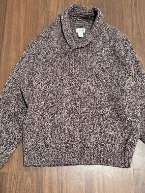 L.L.Bean Mens L Sweater Henley Collar Brown Cream Marled Knit Lambswool